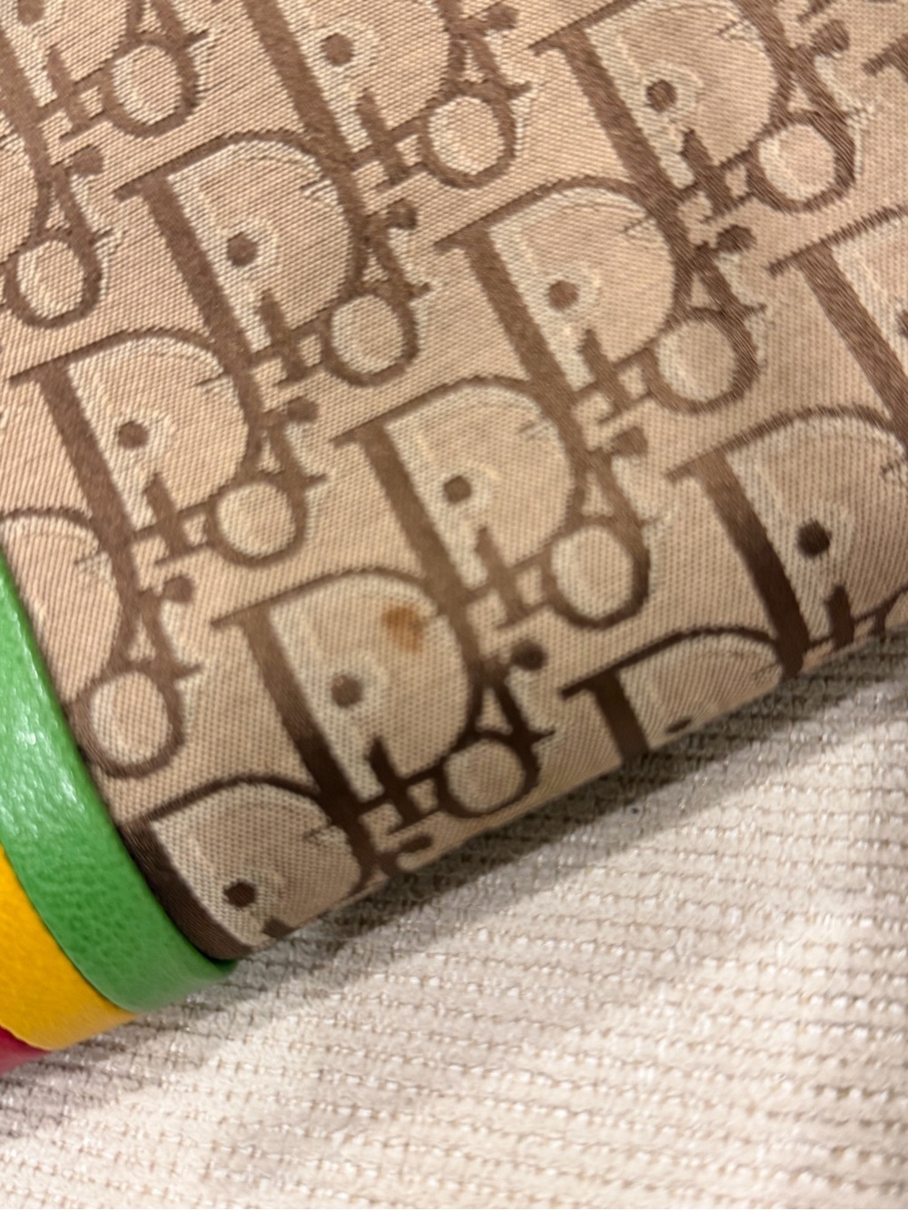 Dior Beige Monogram Satchel with Red Handles and Multicolor Stripe - Picture 6 of 6